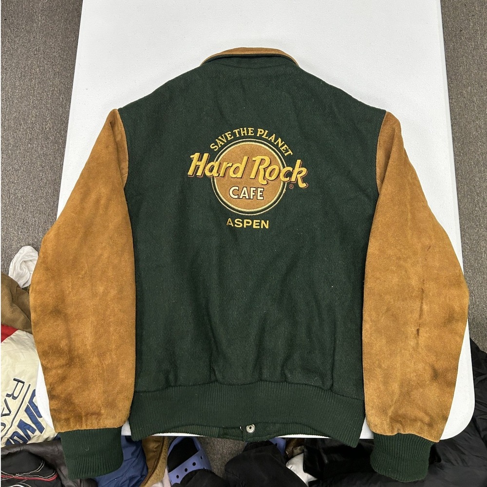 Hard Rock Cafe Varsity Jacket Mens Med Green Brown Wool Suede Letterman Vintage